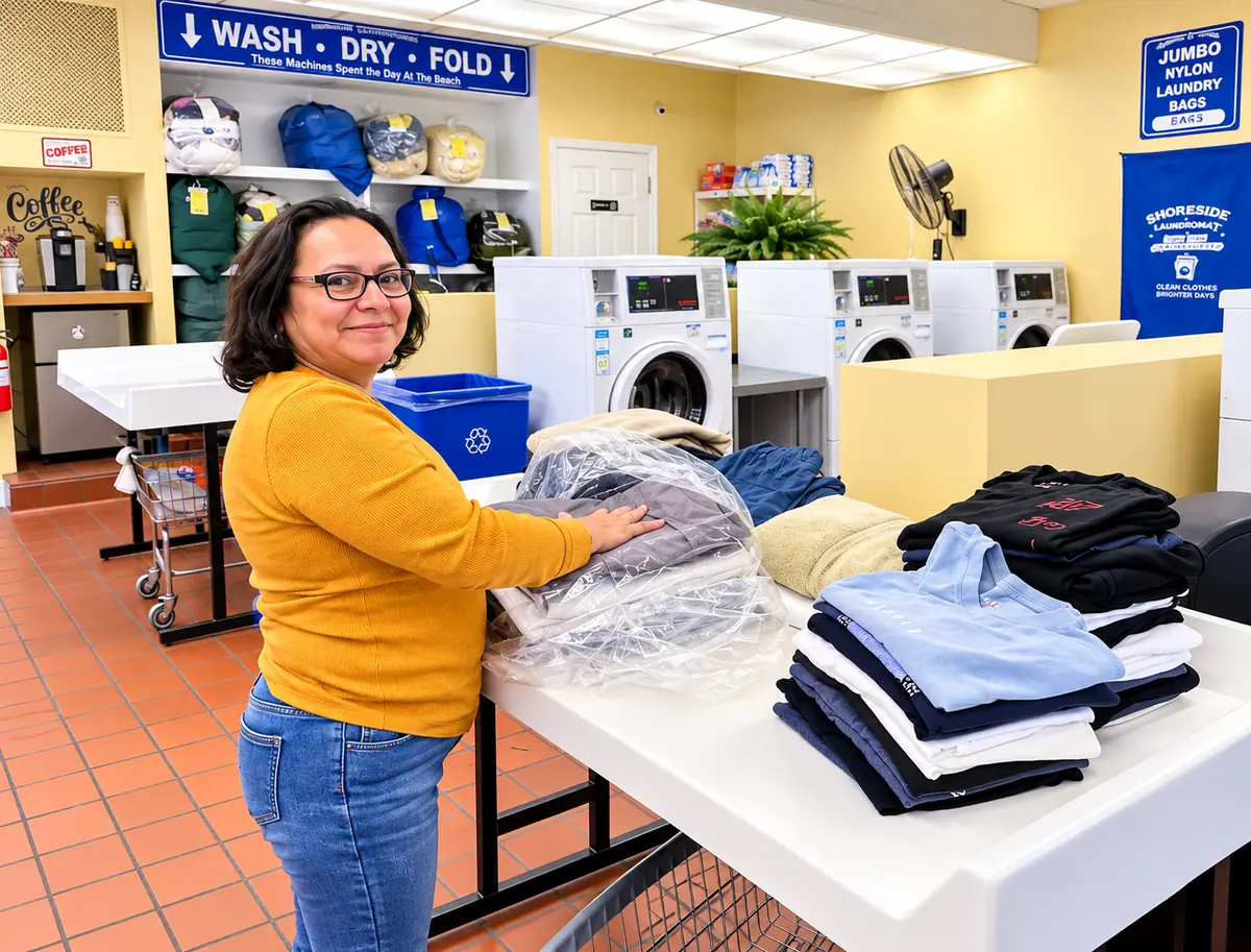 Shoreside attendant folding a wash-dry-fold order