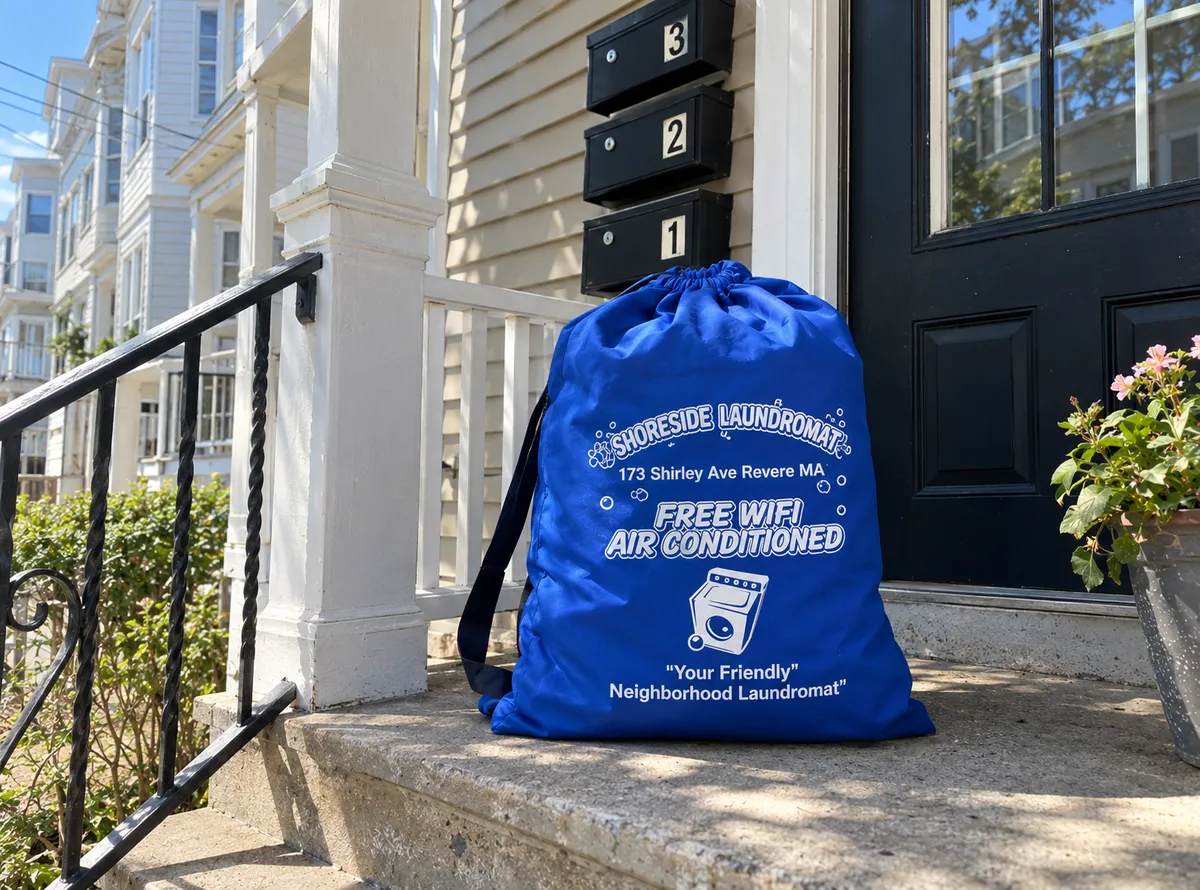 Bolsa de lavandería de Shoreside en la puerta de una casa de tres familias en Revere