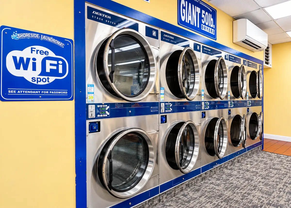 Stacked dryers and free Wi-Fi sign
