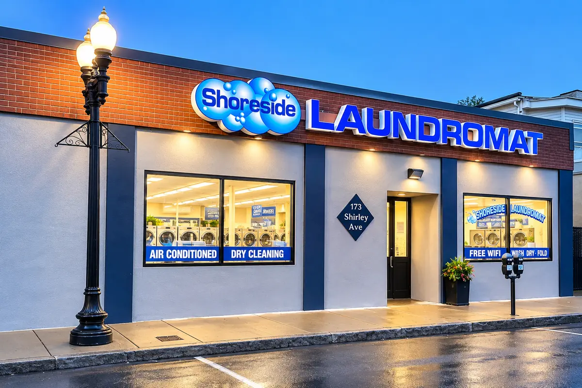 Shoreside Laundromat storefront at 173 Shirley Ave, Revere, MA