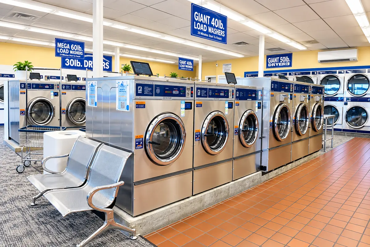 Lavadoras gigantes de acero inoxidable y asientos en Shoreside Laundromat, Revere, MA